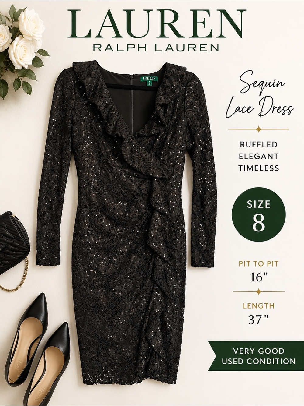 Lauren Ralph Lauren Black Sequin Lace Ruched Ruffle Cocktail Dress Size 8
